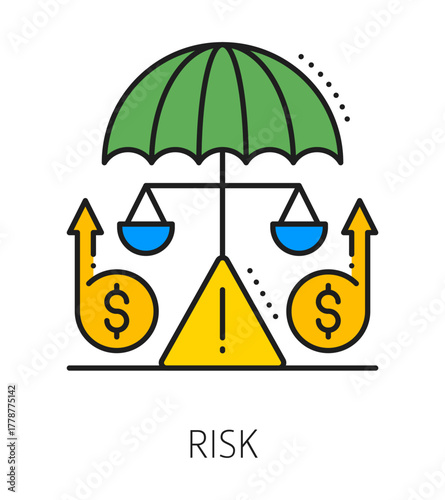 Investment risk, business color line icon or sign. Stock market investment company outline vector icon, business trade and fund lineart sign. Investor risk symbol or pictogram with scales and umbrella