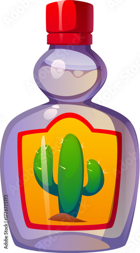 Day of the Dead holiday, Dia De Los Muertos tequila bottle. Day of the Dead festival beverage, Mexican culture carnival vector attribute. Dia de Los Muertos tequila drink bottle with cactus on label
