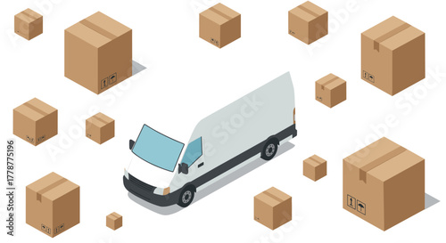 Delivery van and cardboard boxes in isometric style on a white background