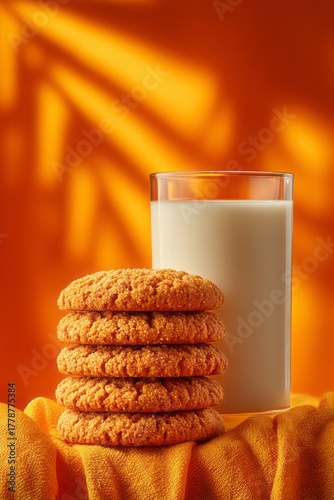 Delicious cookies and milk on orange background abstract