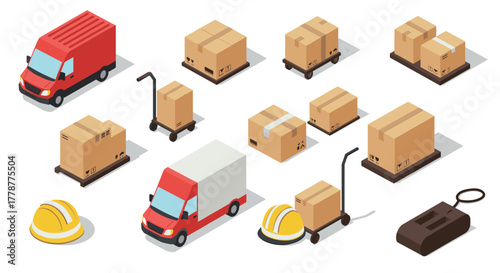Isometric parcel delivery with trucks, packages, pallet, hand trolley, and safety gear