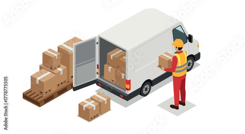 Delivery worker loading boxes into cargo van in isometric style