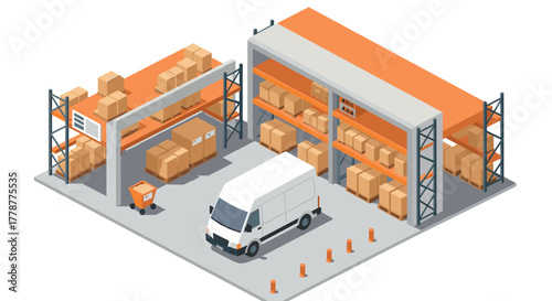 Modern isometric warehouse interior with delivery van and stacked boxes