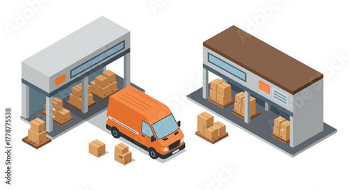 Isometric warehouse and delivery van with boxes for shipping and logistics