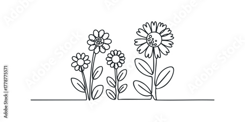 Simple line drawing of blooming flowers on a white background