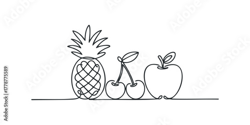 Single line drawing of pineapple, cherries, and apple