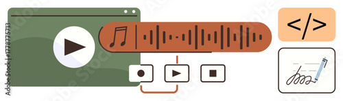 Media player interface, sound wave, icons for audio, video, play, recording settings, coding symbol, and signed document. Ideal for content creation coding design media education podcasting