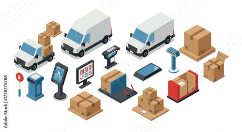 Isometric delivery and shipping elements with vans and packages
