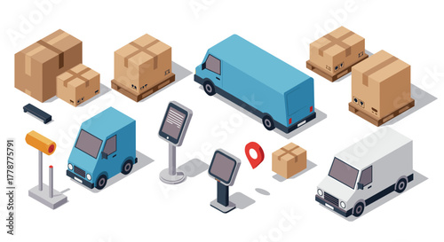 Isometric delivery vans with cargo boxes and digital signage