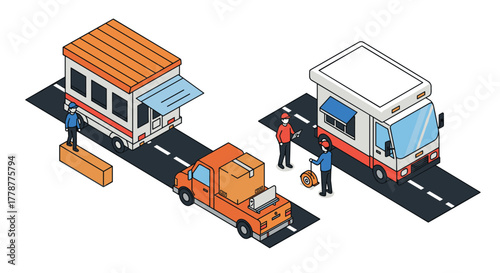 Isometric food trucks and delivery scene on a roadway setting