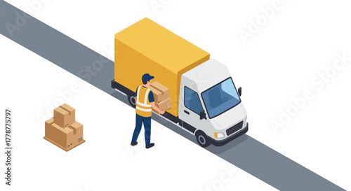 Delivery professional unloading packages from yellow truck on road in isometric view