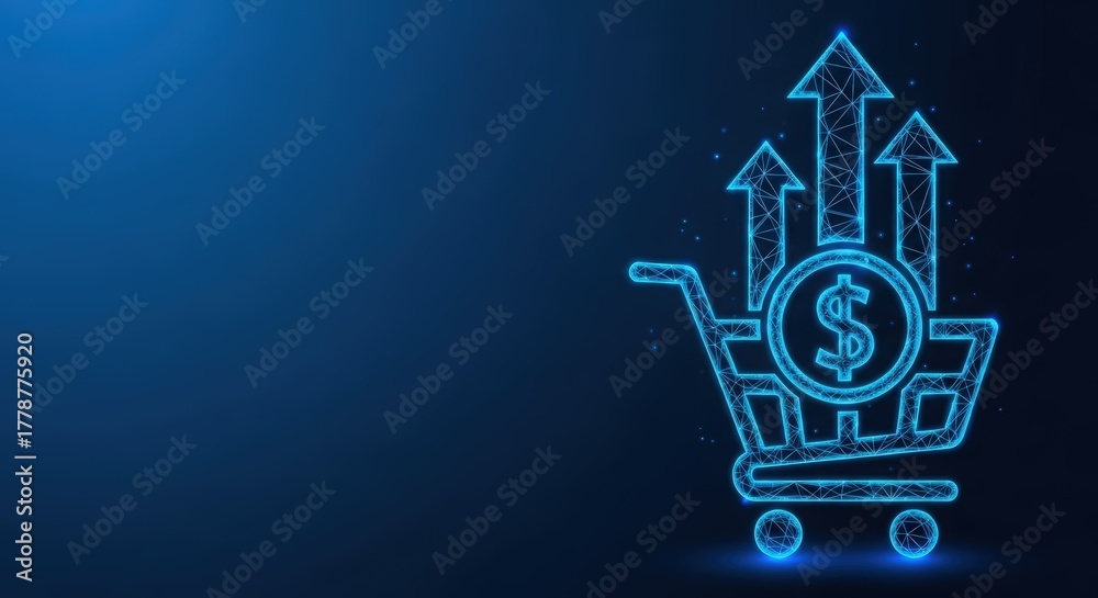 Fototapeta premium Shopping cart with upward arrows indicating financial growth