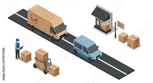 Isometric delivery scene with vans, packages, and courier on road