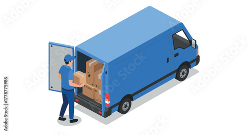 Delivery person loading boxes into blue van isometric style