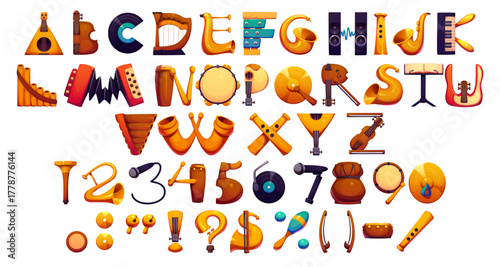Cartoon musical font of music instruments typeface, entertainment funny type, vector English alphabet. Font of musical instrument letters with guitar, violin or piano and folk music typeface for ABC