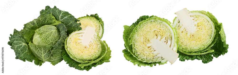 Fototapeta premium Savoy cabbage with half isolated on white background with full depth of field