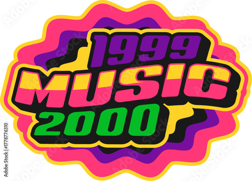 2000s music Y2K groovy sticker or patch. Radio vector label, festival concert melody funky patch. Musical sound groovy Y2K sticker or tag with vibrant colors funky typography and wavy border