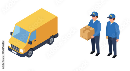 Isometric delivery concept with truck and courier workers in uniform holding package