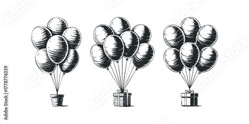 Three bunches of sketch balloons tied to gifts