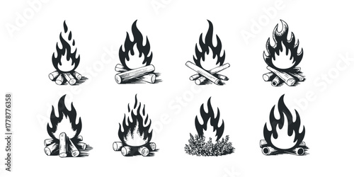 Campfire icon set with wood and flame variations