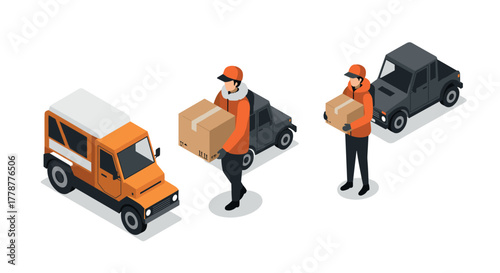 Isometric delivery workers and vehicles in motion