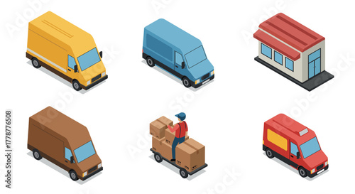 Colorful isometric delivery vans and postman with parcel in flat style