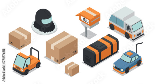 Isometric delivery set with vehicles, boxes, and equipment for modern logistics