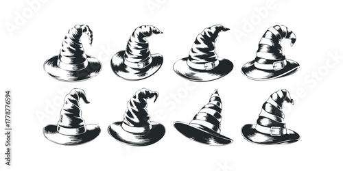 Collection of eight witch hats with varying shapes and styles