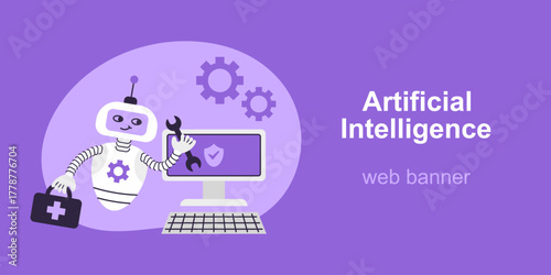 AI Robot assistant holds wrench and first aid kit. Computer setup and repair. Concept of digital security and technical support. Artificial Intelligence horizontal web banner on purple background