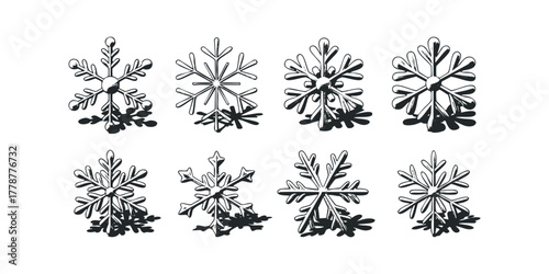 Set of Eight Stylized Snowflakes with Shadows