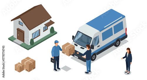 Isometric delivery house, van, and team coordinating parcel dropoff