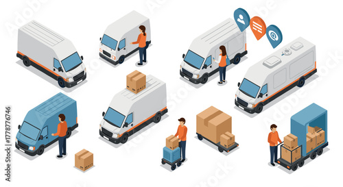 Isometric delivery vans and workers with parcels in various logistics scenarios