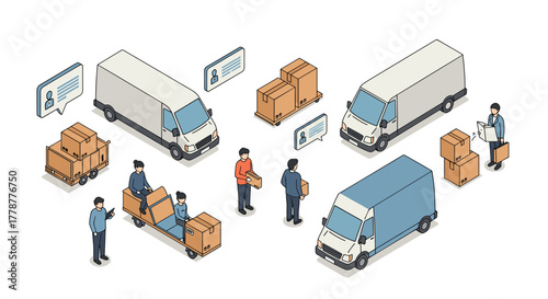 Isometric delivery fleet and logistics team with vans and package handling