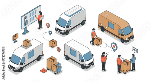 Delivery service process with isometric vans and packages for efficient logistics
