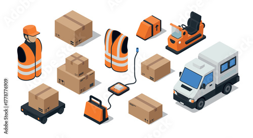 Isometric warehouse equipment and packaging with delivery truck and safety gear