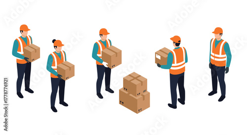 Isometric workers handling cardboard boxes in warehouse setting