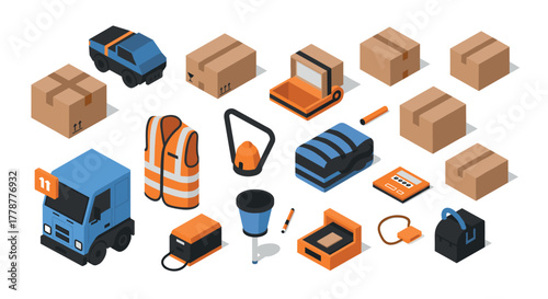 Isometric delivery elements trucks, boxes, and equipment for logistics and shipping