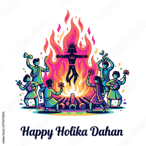 Joyful Holika Dahan Celebration with Bonfire and Festive People
