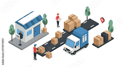 Isometric delivery service scene with warehouse and parcel boxes along a road