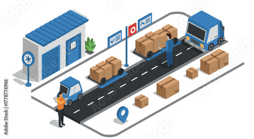 Isometric logistics scene with delivery trucks, packages, and warehouse in urban setting