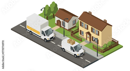 Isometric suburban neighborhood with delivery trucks and houses