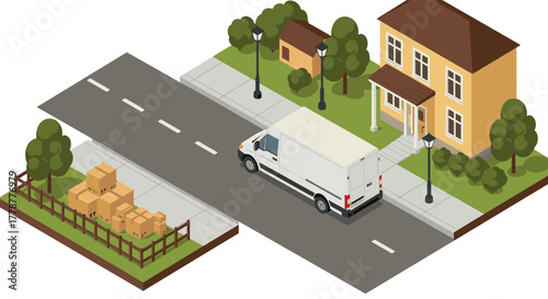 Isometric delivery scene with van on suburban street next to house