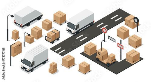 Isometric delivery trucks and cardboard boxes on a road