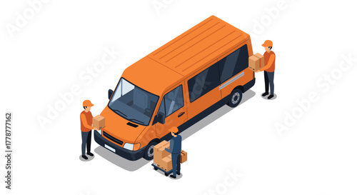 Isometric delivery van and couriers loading packages on a white background