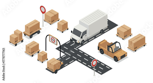 Isometric delivery logistics with trucks and packages at urban intersection