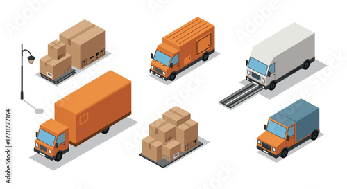 Isometric delivery trucks and cargo boxes collection for urban logistics