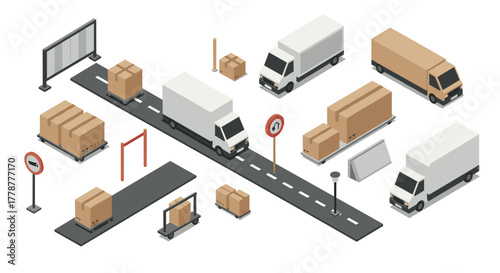 Isometric urban delivery trucks and cargo boxes on street with signs and pallets