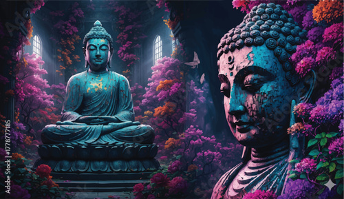 buddha statue in the temple, colorful wall print, home decor design,