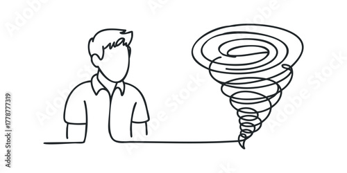 Man facing a chaotic storm represented by a swirling vortex