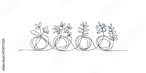Continuous line drawing of growing plants in pots